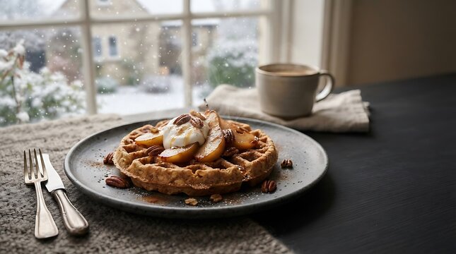 National oatmeal nut waffles day breakfast with steaming coffee during winter snowfall outside the window
