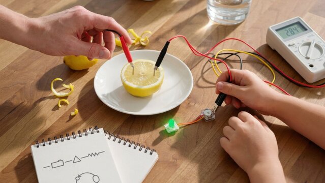 Lemon Battery Science Experiment With Multimeter And LED Light