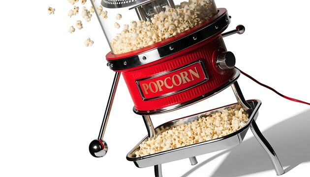 Retro popcorn machine in action vibrant red and chrome design, shadow cut out isolated on 8k resolution white background. AI GENERATED.

