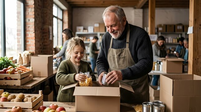 Senior Volunteer Man and Little Girl Packing Food Donation Box