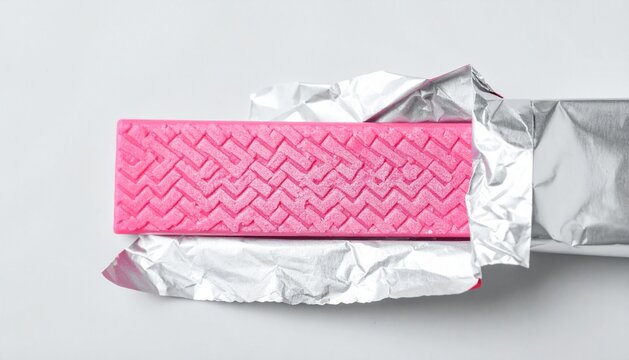Pink Bubble Gum Stick Partially Unwrapped from Silver Foil on White Background