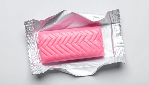 Pink Bubble Gum Stick in Silver Foil Wrapper on White Background