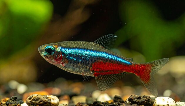 Close-Up of Neon Tetra (Paracheirodon innesi) Swimming in Freshwater Aquarium