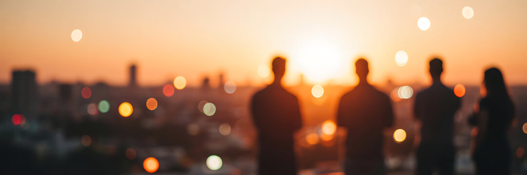 Silhouettes of a group of people standing on a rooftop terrace overlooking a blurred city skyline during a golden hour sunset