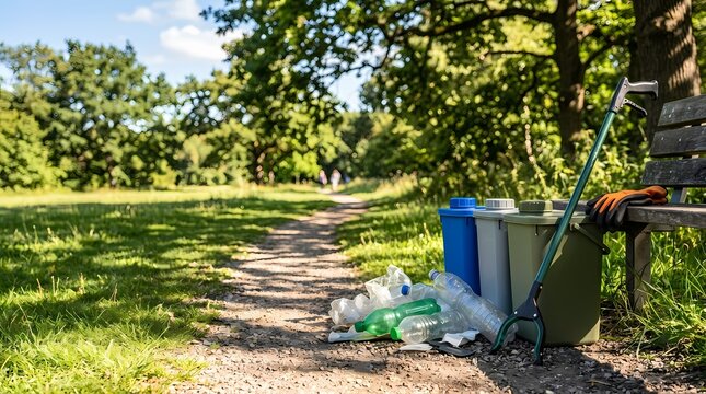 Volunteer Cleaning Up Plastic Waste in Public Park with Recycling Bins