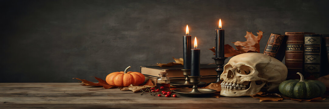 Spooky halloween table setting featuring a human skull, lit black candles, orange and green pumpkins, and old books on a rustic wooden surface