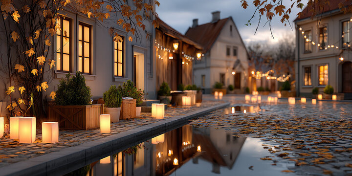 Charming village street at dusk with glowing lanterns reflecting in puddles on cobblestones, scattered autumn leaves and a cozy, festive st. Martin's day atmosphere