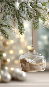 Christmas ornament featuring a tiny baby crib with soft bedding, symbolizing new beginnings, family joy, and a heartwarming arrival during the festive season