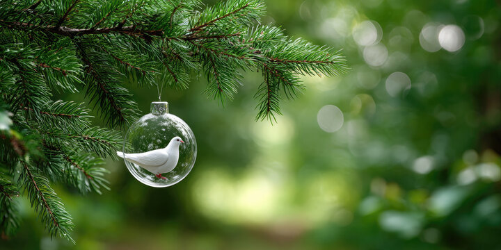 White dove inside a clear glass christmas ornament hangs from a fir branch with soft lights, symbolizing peace, hope, new beginnings and serene holiday warmth