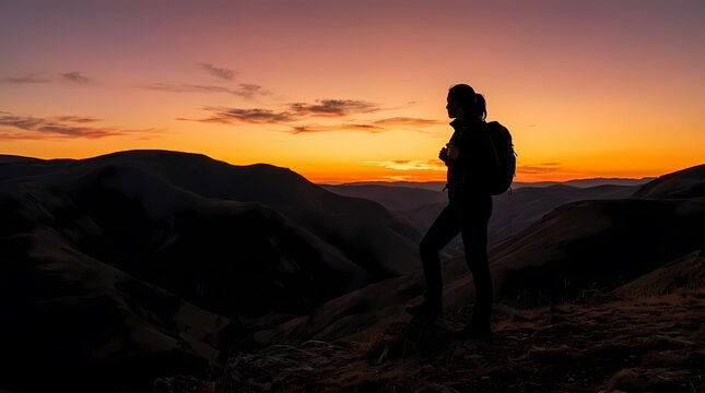 Silhouette of a woman hiker standing on a mountain peak at sunset