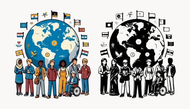 Global Unity and Cultural Diversity Hand Drawn Doodle Illustration with Diverse People, World Globe, International Flags and Black and White Sketch

