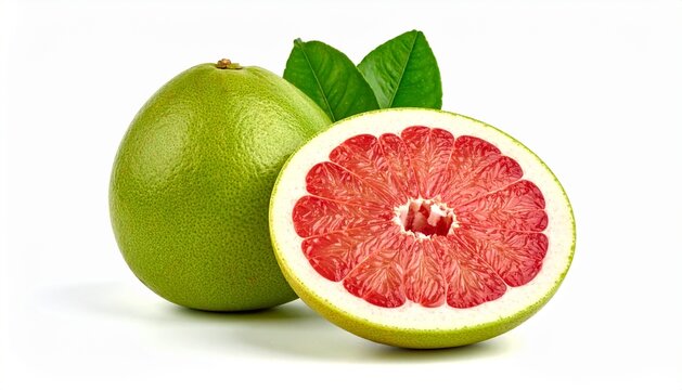 Fresh Red Pomelo Fruit with Half Slice Isolated on White Background
