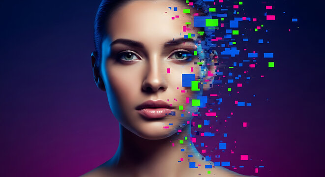 Person with digital half face effect - Close-up portrait of a person with half face transformed into colorful digital pixels, futuristic and artistic style.