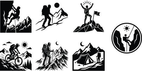 Fototapeta premium Outdoor adventure silhouette set featuring rock climbing hiking mountain biking camping summit success and rappelling vector illustrations