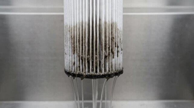Dark sludge washing off the pleats of a vertical pleated polyester filter cartridge made of white synthetic fabric