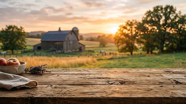 Rustic wooden table with fresh apples in a bowl overlooking a peaceful farm field at sunset with golden light
