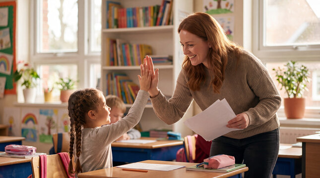A smiling teacher gives a student a high five in a bright classroom setting, celebrating achievement.