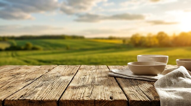 Empty wooden table top with a rustic bowl and napkin overlooking a scenic green meadow during a golden sunset
