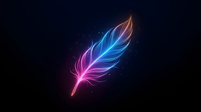 Vibrant neon feather glowing against a dark background with dramatic lighting