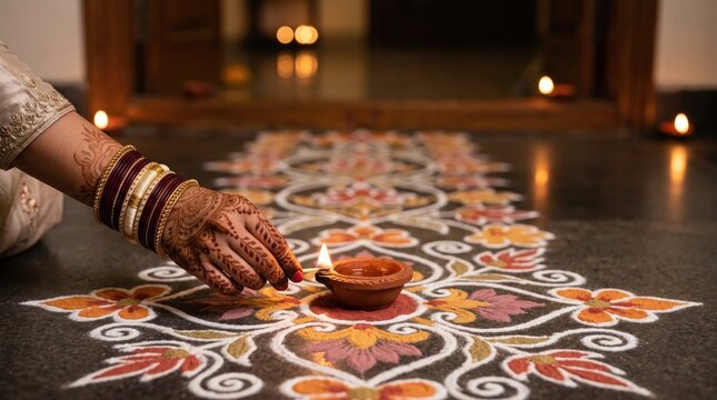 Hand of a woman wearing traditional bangles and mehandi lighting a diya on a colorful rangoli during diwali festival