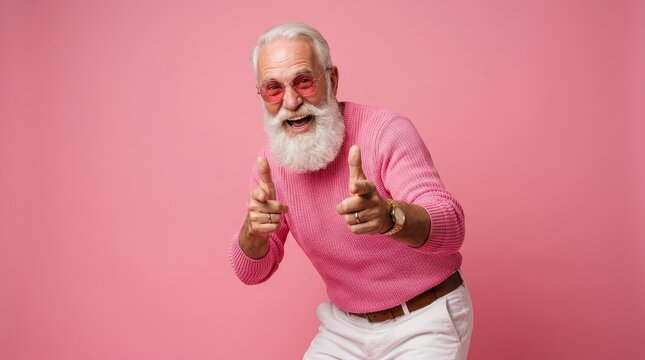 Cheerful Stylish Senior Man with White Beard Pointing Finger Guns in Pink Sweater and Sunglasses on Pink Background