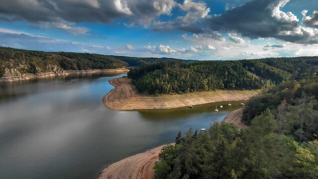 View of Orl&iacute;k Reservoir from Žď&aacute;kov Bridge, Low Water Level During the 2026 Drought