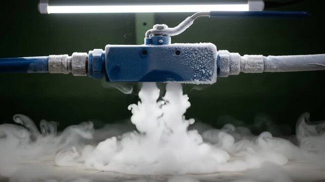 machined aluminum block valve forming thick white frost across its anodized blue metal surface while mounted horizontally