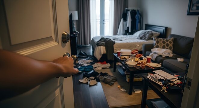 Messy hotel room interior viewed from the doorway.