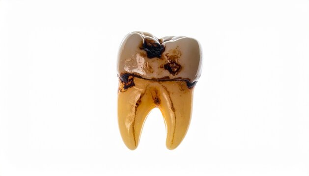 Extracted Human Molar Tooth with Severe Dental Caries and Decay Isolated on White Background