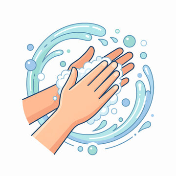 Vector illustration of hands being washed under clean running water with soap bubbles for hygiene