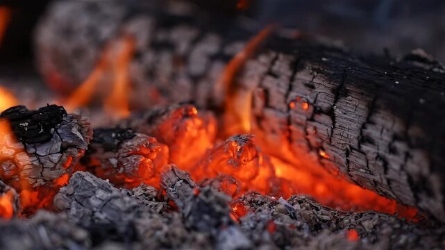 Burning Logs with Glowing Embers and Flames, Transitioning From Intense Heat to Fading Ash, Creating a Warm, Flickering Ambiance.
