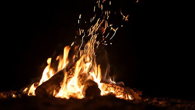 Burning Logs with Sparks and Embers Flickering Intensely, Transitioning From Initial Ignition to a Steady Blaze. Dynamic Fire Footage.