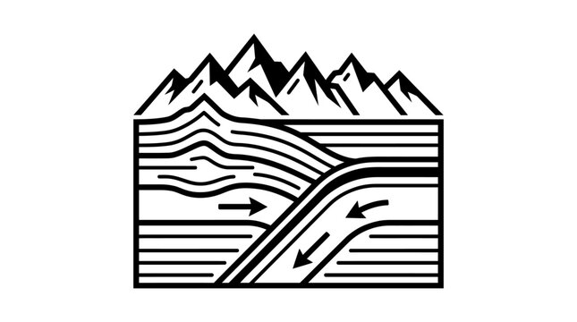Geological cross-section illustrating mountain formation, rock folding, and tectonic plate subduction processes.