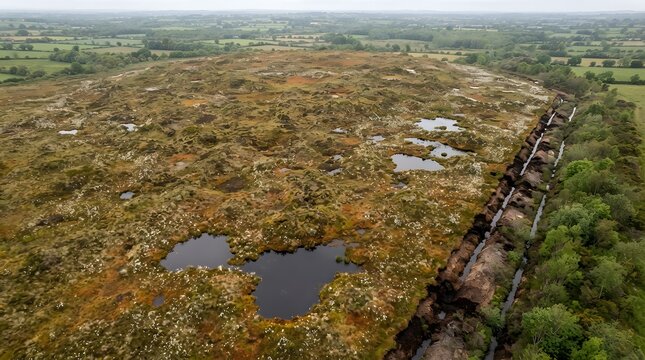 Natural peat bog wetland landscape with water pools and deep trenches from high angle.