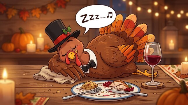 Sleepy turkey after thanksgiving dinner with a festive table and bokeh lights