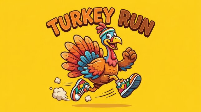 Cartoon turkey running with the text turkey run on a bright yellow background