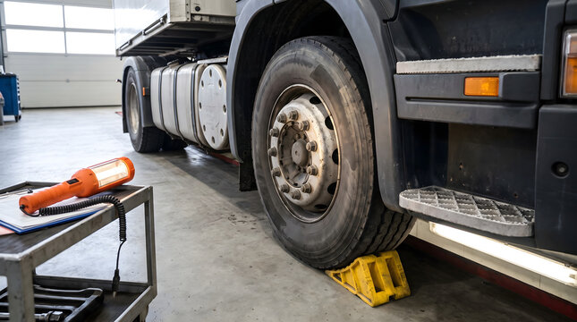 Cdl training safety check with wheel chocks and flashlight in garage workshop environment for heavy truck tire