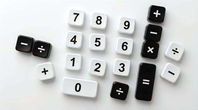 Scattered black and white calculator keys on gray surface
