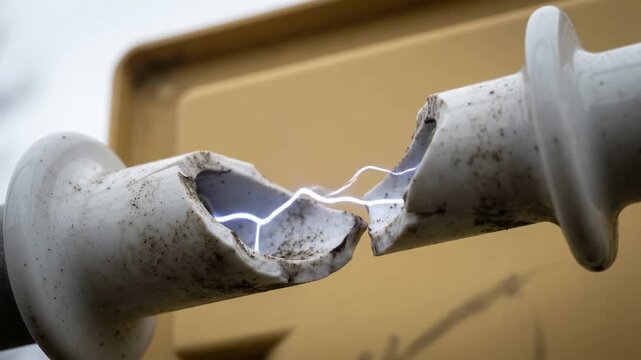 A shattered ceramic insulator standoff conducting electrical plasma along its fragmented white porcelain surface in a horizontal position