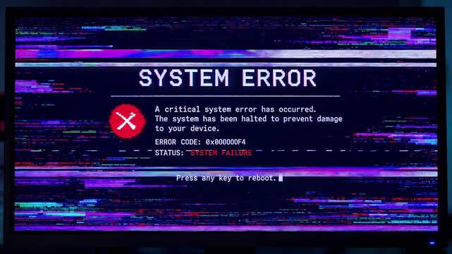Critical system error message on computer monitor with digital glitch effects. Lockdown shot of technical failure screen.