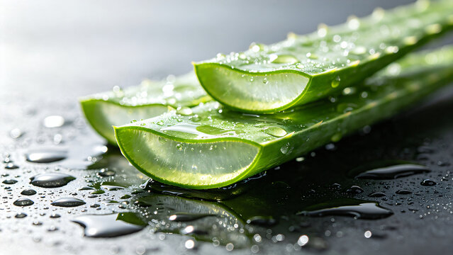 Fresh organic aloe vera plant slices with clear water droplets on dark black stone surface for natural skincare hydration and herbal wellness concept.
