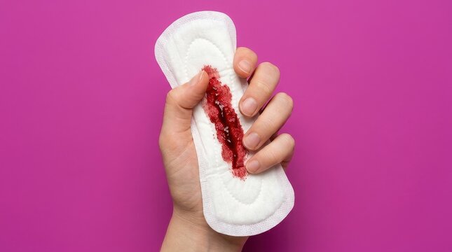 Hand Holding a Sanitary Pad with Blood Stain on Purple Background - Menstruation and Women's Health Concept