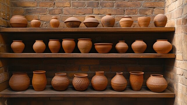 Discovering craftsmanship in an old pottery workshop filled with handcrafted clay pots arranged on rustic wooden shelves