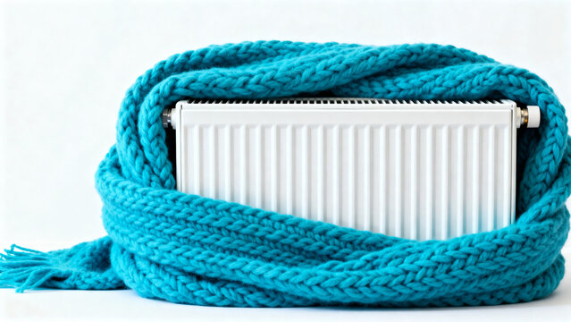 Radiator wrapped in a blue knitted scarf on a light background during winter