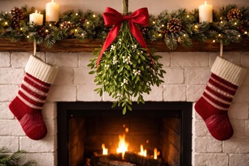 Obraz premium Cozy festive fireplace decoration scene.