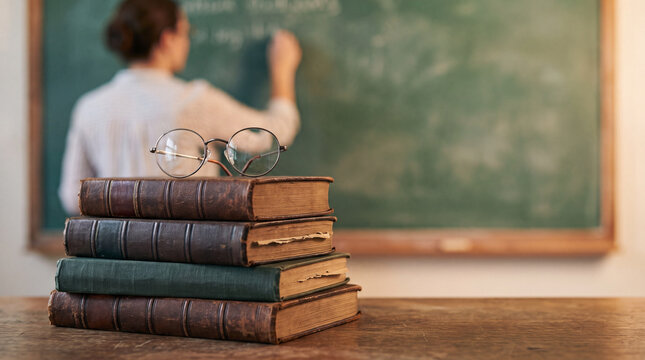 A stack of old books and spectacles sits on a wooden desk in front of a blackboard where a teacher is writing.