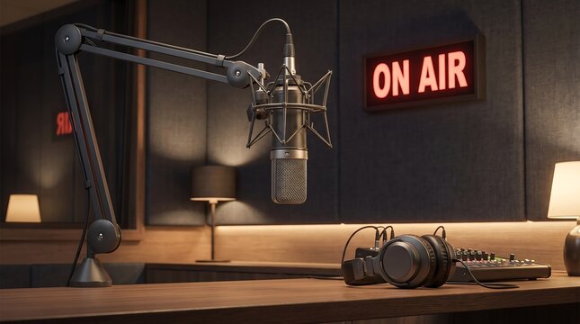 A professional broadcast studio setup featuring a microphone on an articulating arm, sound mixer, and on air sign