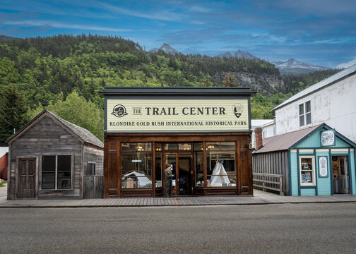 Skagway, Alaska: The Trail Center, Klondike Gold Rush International Historical Park. National Park Service and Parks Canada building supports Klondike Trail, Chilkoot Trail. Boss Bakery.