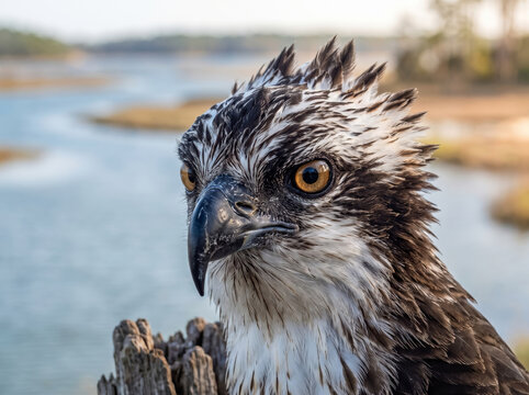 Closeup Head Portrait Of Wet Osprey Chick In Nest