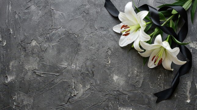 White Lily Flowers with Black Ribbon on Dark Concrete Background for Funeral and Mourning Concept